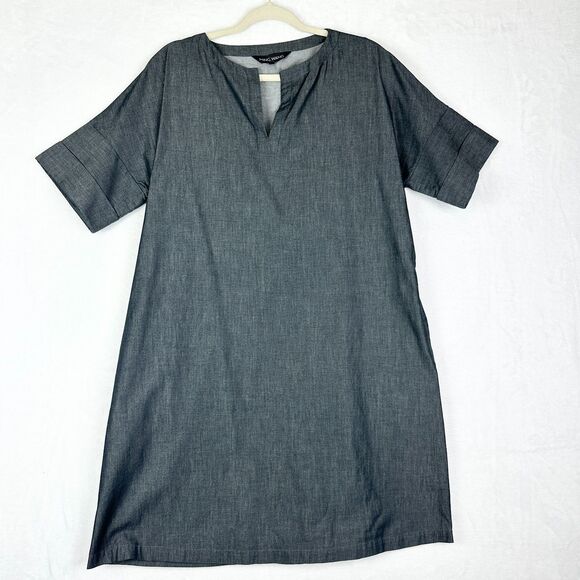 Ming Wang Cotton Shift Dress Size Small Split Neck Pockets Charcoal Grey Office - Picture 1 of 6